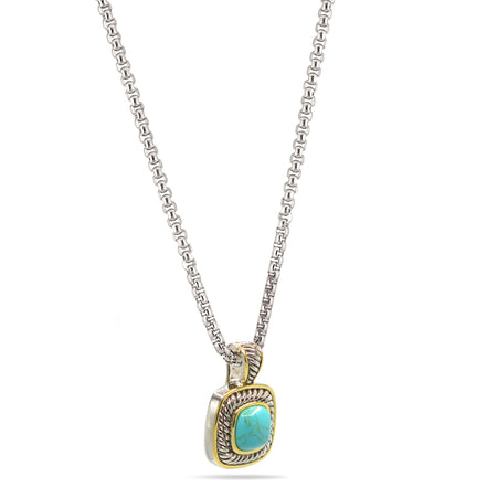 Two-Tone Turquoise Square Pendant Box Chain Necklace #73014EH-TRQ (FA25/FH13)