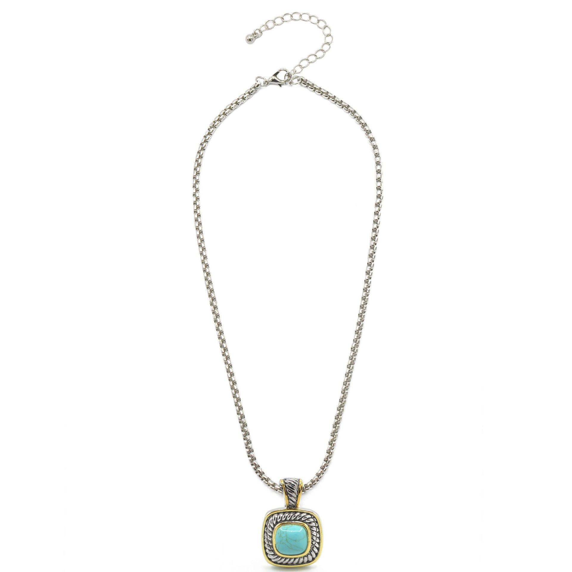 Two-Tone Turquoise Square Pendant Box Chain Necklace #73014EH-TRQ (FA25/FH13)