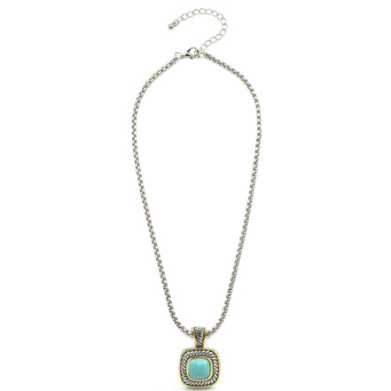 Two-Tone Turquoise Square Pendant Box Chain Necklace #73014EH-TRQ (FA25/FH13)