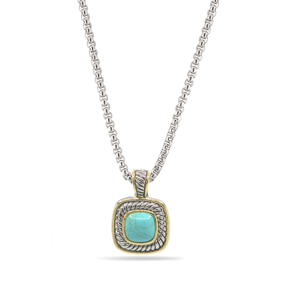 Two-Tone Turquoise Square Pendant Box Chain Necklace #73014EH-TRQ (FA25/FH13)