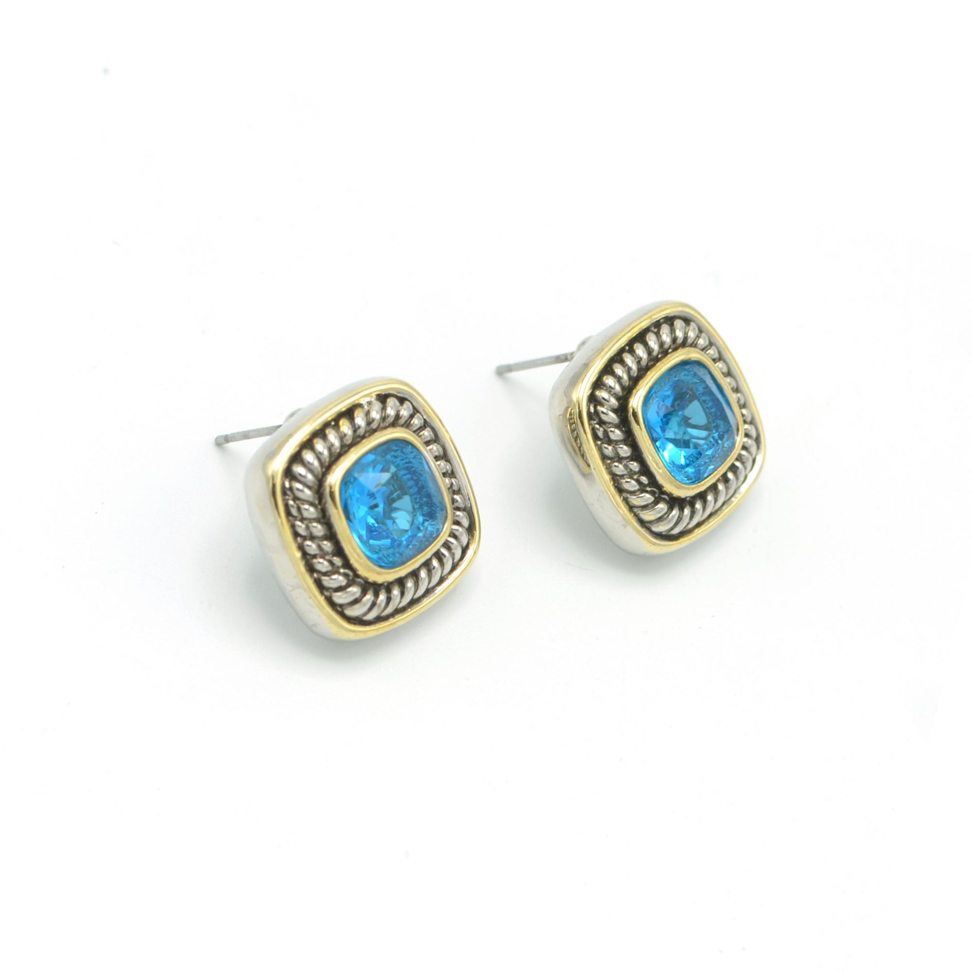 TWO TONE AQUA BLUE CRYSTAL SQUARE EARRINGS SET #73014ER-AQ(FD9)