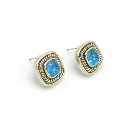 TWO TONE AQUA BLUE CRYSTAL SQUARE EARRINGS SET #73014ER-AQ(FD9)