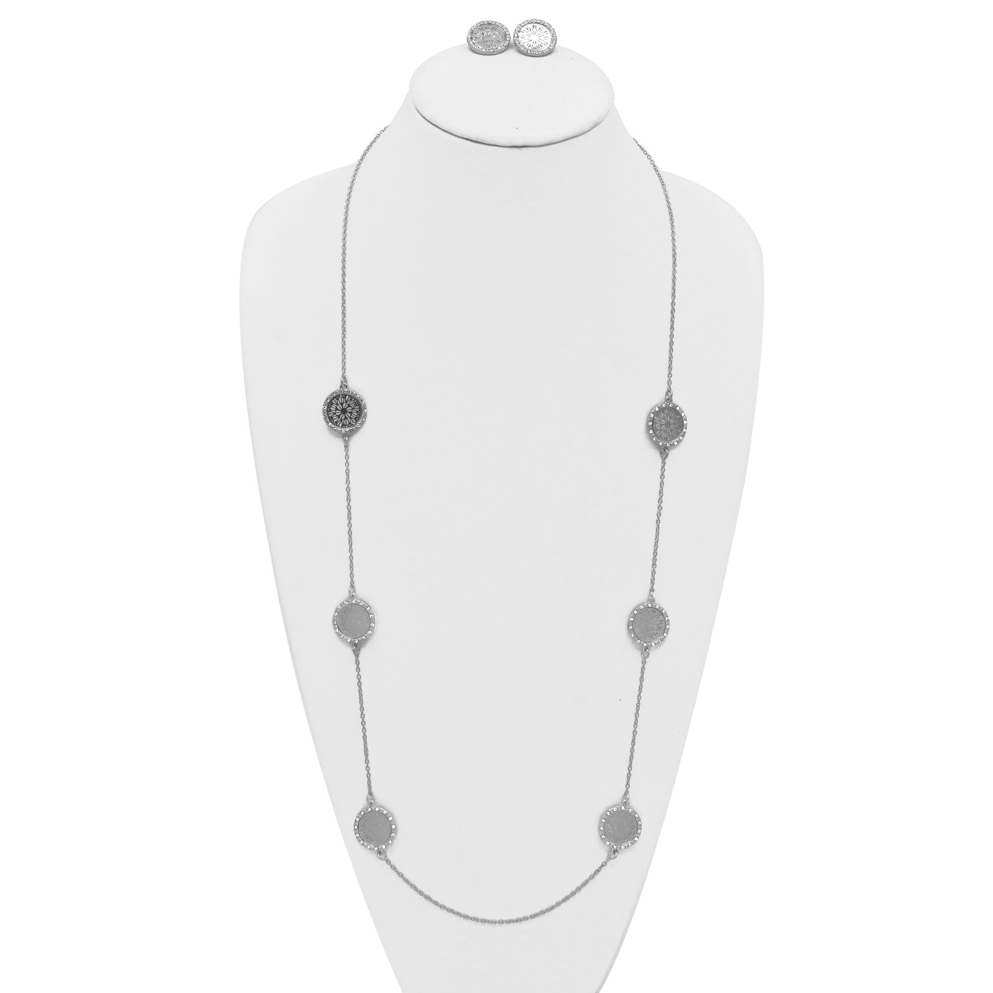 RHODIUM ROUND DISC CRYSTAL  NECKLACE AND EARRINGS SET #SWKK-11614RHD(OE14)