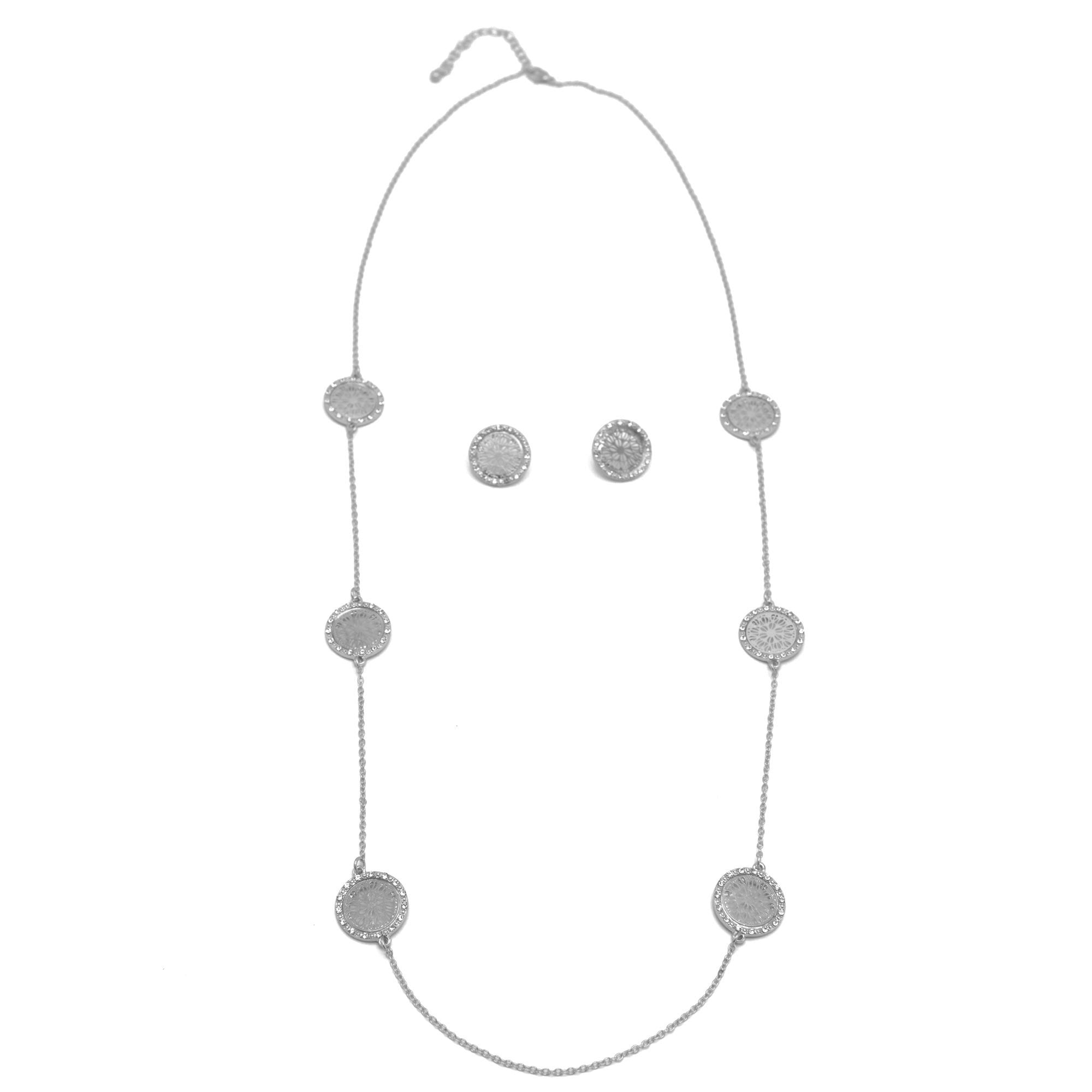 RHODIUM ROUND DISC CRYSTAL  NECKLACE AND EARRINGS SET #SWKK-11614RHD(OE14)