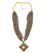 GOLD BROWN PENDANT RESIN BRASS & SEED BEAD LAYERED NECKLACE #FWNK-1811-20