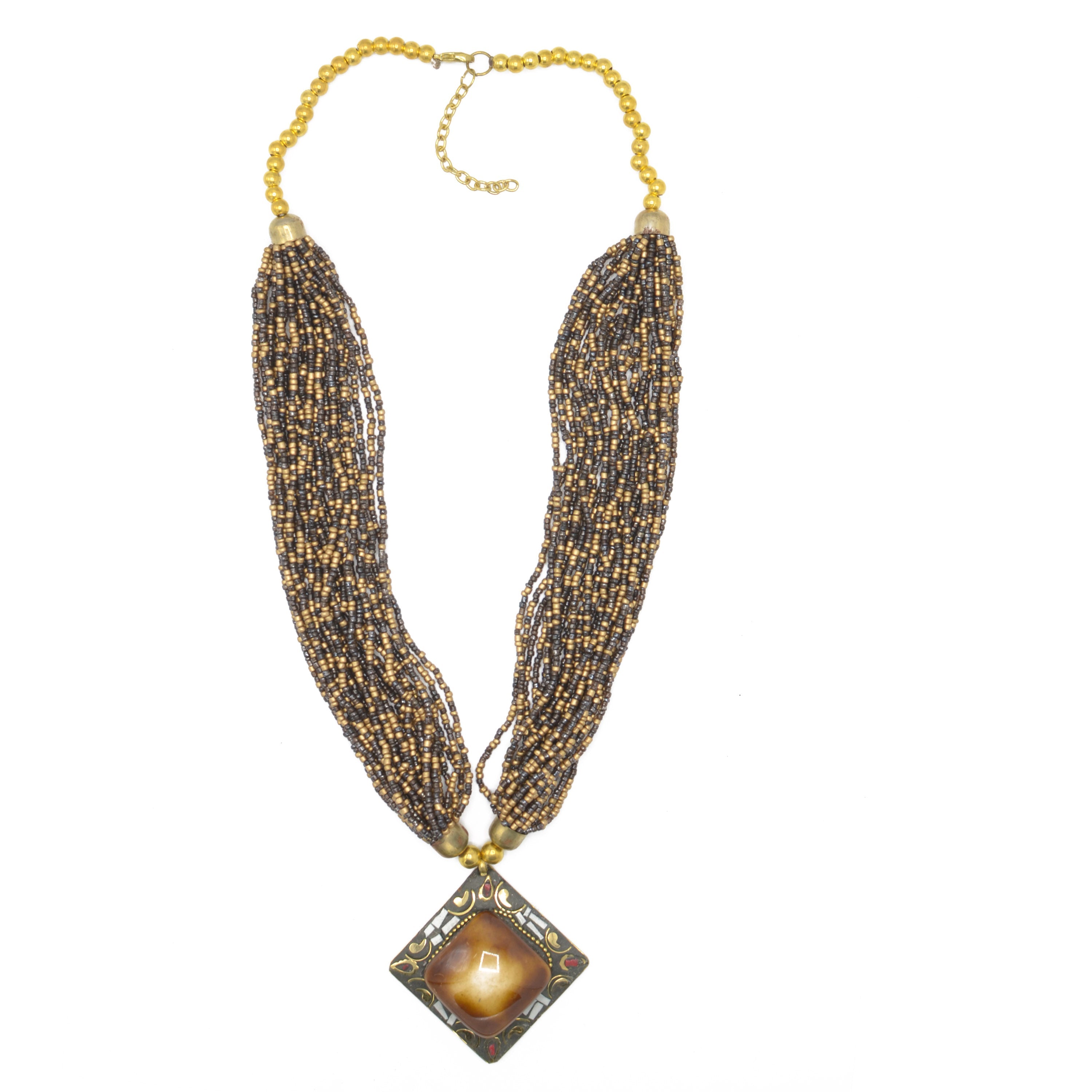 GOLD BROWN PENDANT RESIN BRASS & SEED BEAD LAYERED NECKLACE #FWNK-1811-20