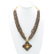 GOLD BROWN PENDANT RESIN BRASS & SEED BEAD LAYERED NECKLACE #FWNK-1811-20