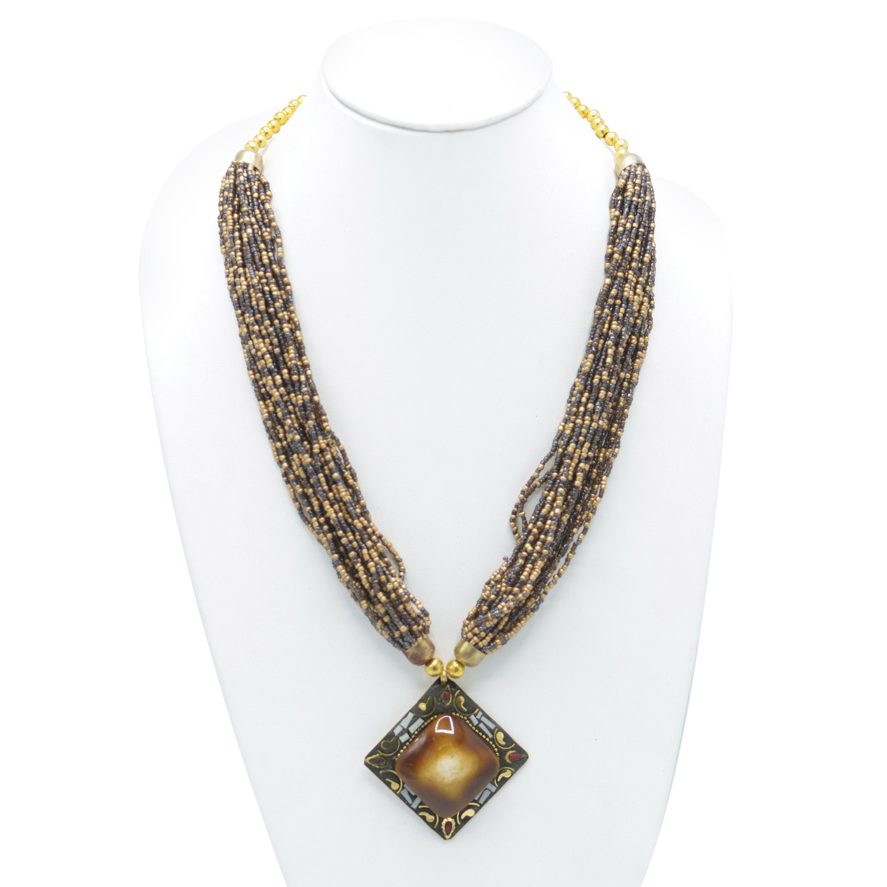 GOLD BROWN PENDANT RESIN BRASS & SEED BEAD LAYERED NECKLACE #FWNK-1811-20