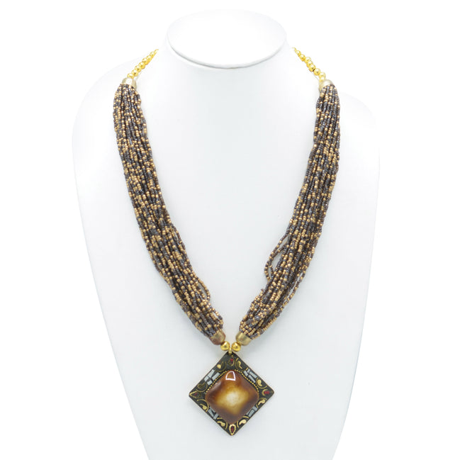 GOLD BROWN PENDANT RESIN BRASS & SEED BEAD LAYERED NECKLACE #FWNK-1811-20