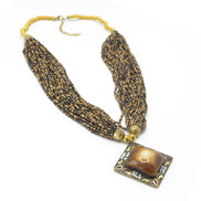 GOLD BROWN PENDANT RESIN BRASS & SEED BEAD LAYERED NECKLACE #FWNK-1811-20