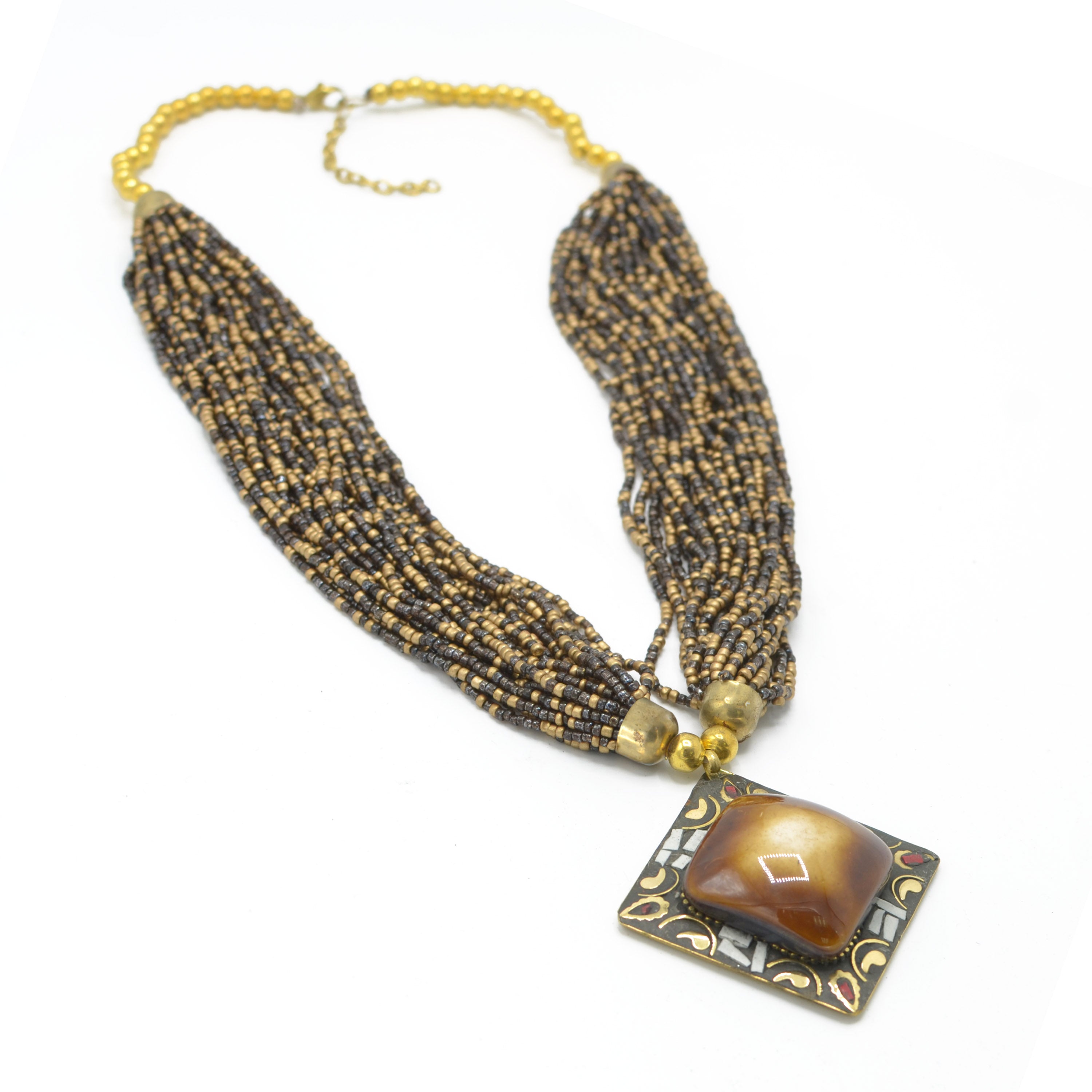 GOLD BROWN PENDANT RESIN BRASS & SEED BEAD LAYERED NECKLACE #FWNK-1811-20