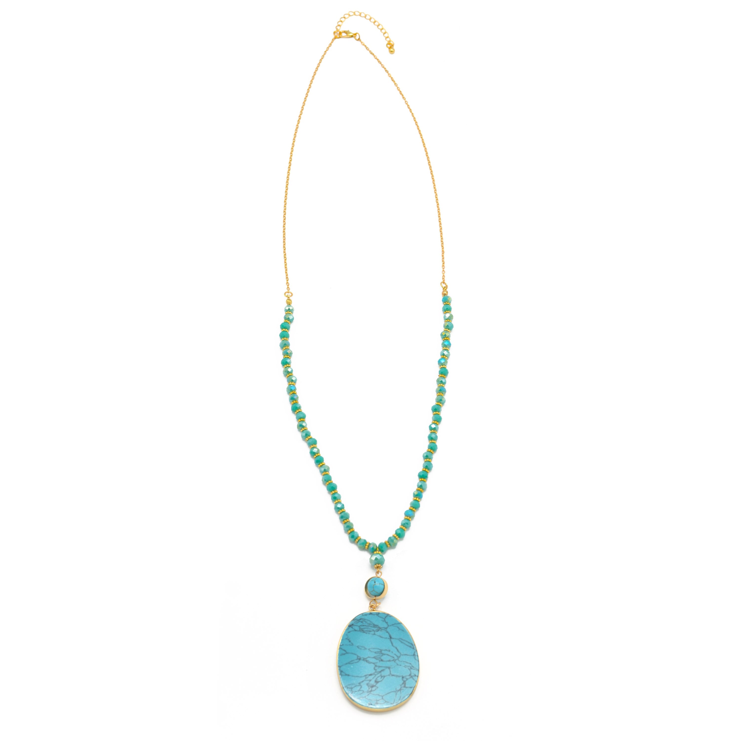 GOLD TURQUOISE PENDANT AND BEAD LONG NECKLACE# SWKK-12001GLDTRQ (LA5)