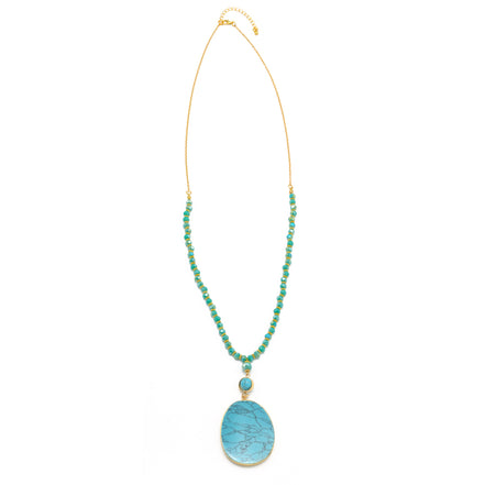 GOLD TURQUOISE PENDANT AND BEAD LONG NECKLACE# SWKK-12001GLDTRQ (LA5)