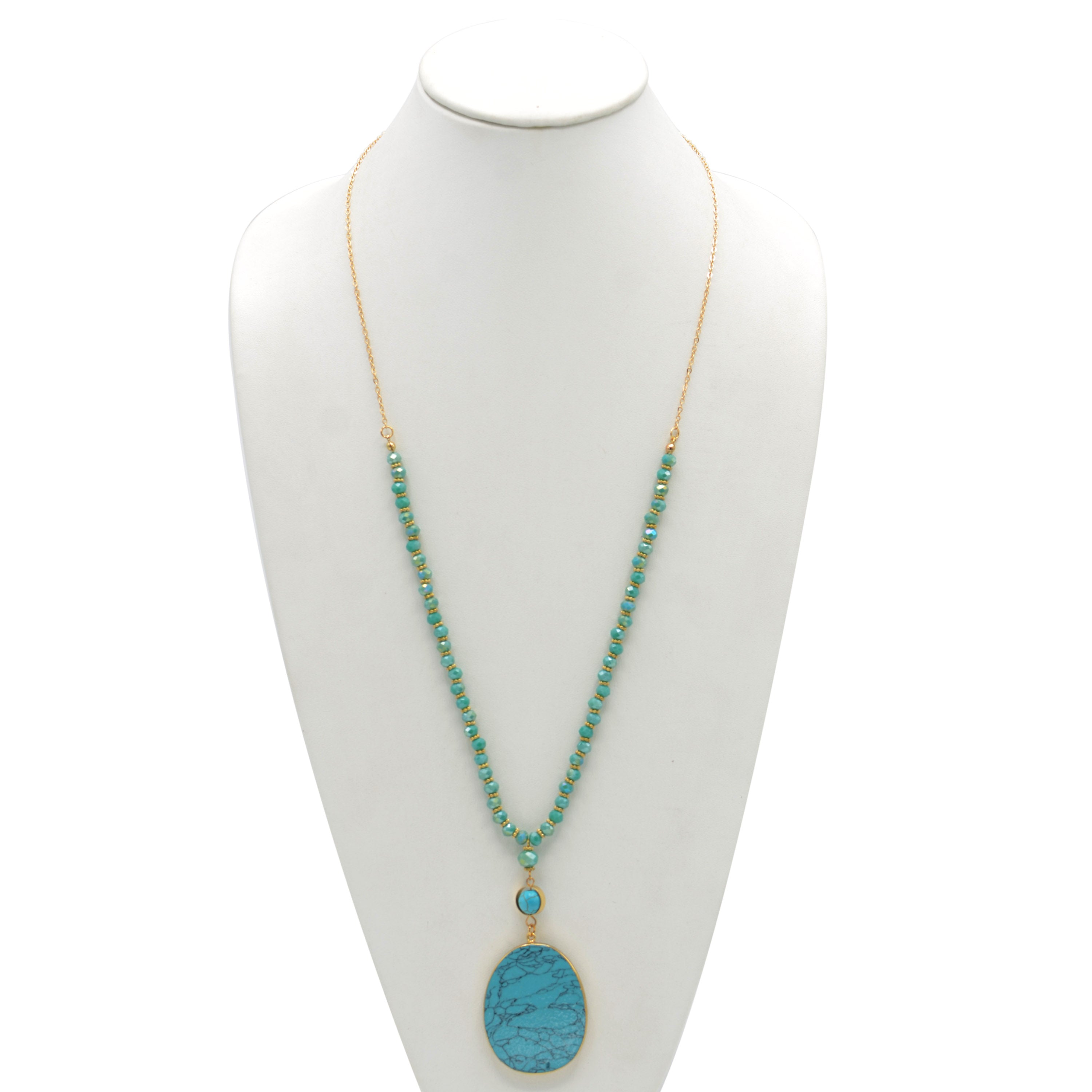 GOLD TURQUOISE PENDANT AND BEAD LONG NECKLACE# SWKK-12001GLDTRQ (LA5)