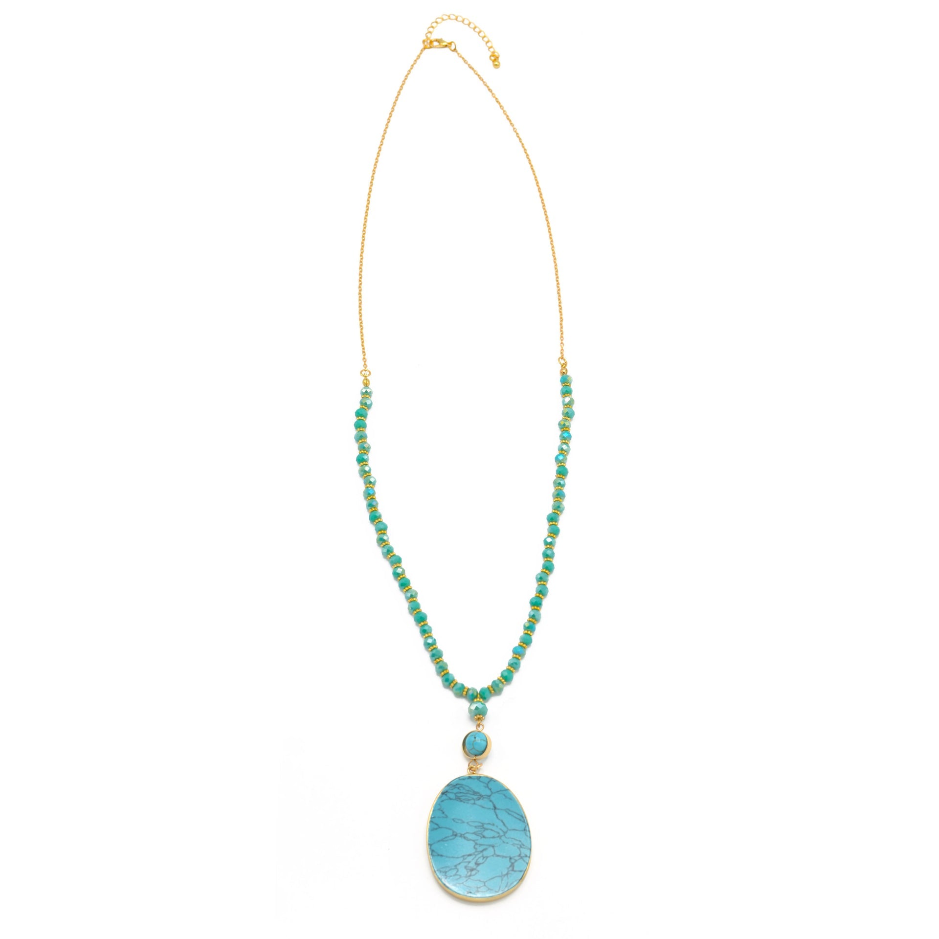 GOLD TURQUOISE PENDANT AND BEAD LONG NECKLACE# SWKK-12001GLDTRQ (LA5)