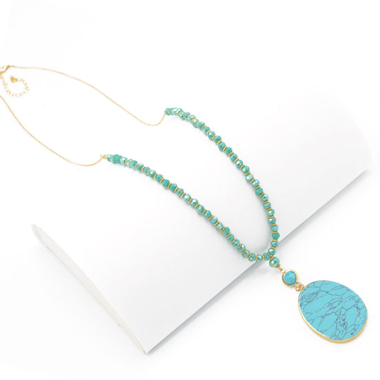 GOLD TURQUOISE PENDANT AND BEAD LONG NECKLACE# SWKK-12001GLDTRQ (LA5)