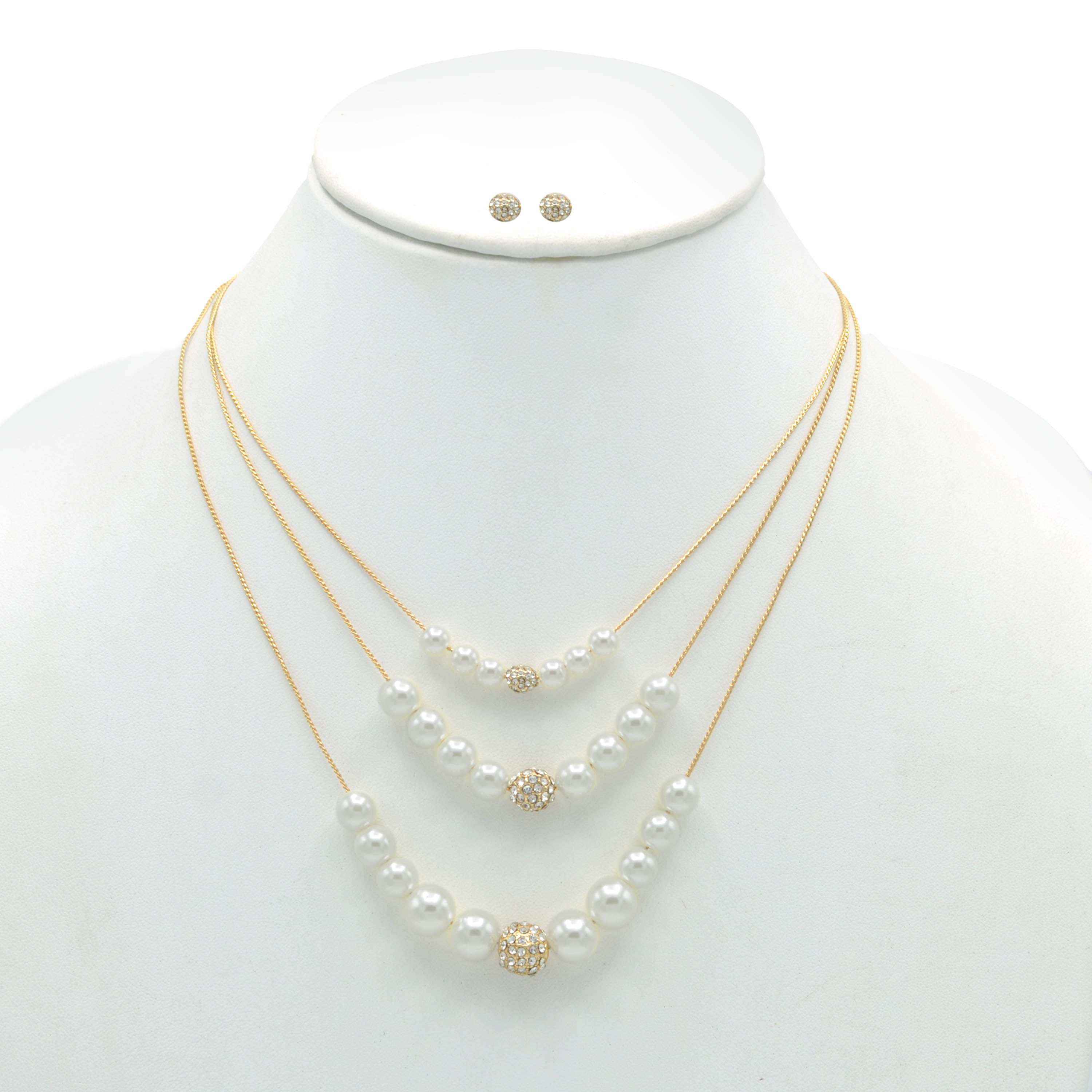 GOLD AND CREAM PEARL CRYSTAL NECKLACE AND EARRINGS SET #SWY-18017GDCM