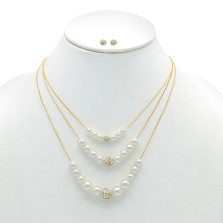GOLD AND CREAM PEARL CRYSTAL NECKLACE AND EARRINGS SET #SWY-18017GDCM