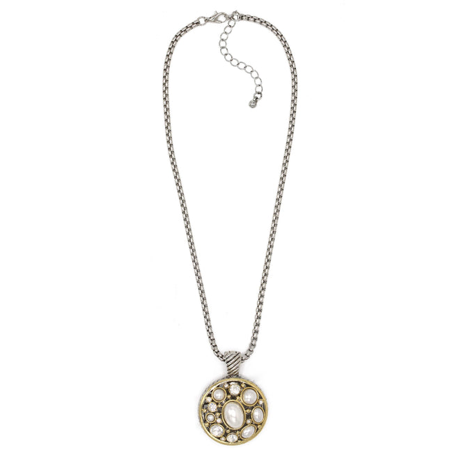 CREAM PEARL TWO TONE ROUND 2" INCH PENDANT NECKLACE#10939EHCRM