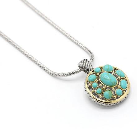 TURQUOISE TWO TONE ROUND 2" INCH PENDANT NECKLACE #10939EHTRQ (FH22)