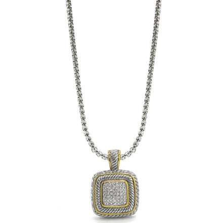 TWO TONE PAVE SQUARE CRYSTAL ENGRAVED PENDANT WITH BOX CHAIN NECKLACE #83015EH(FF9)