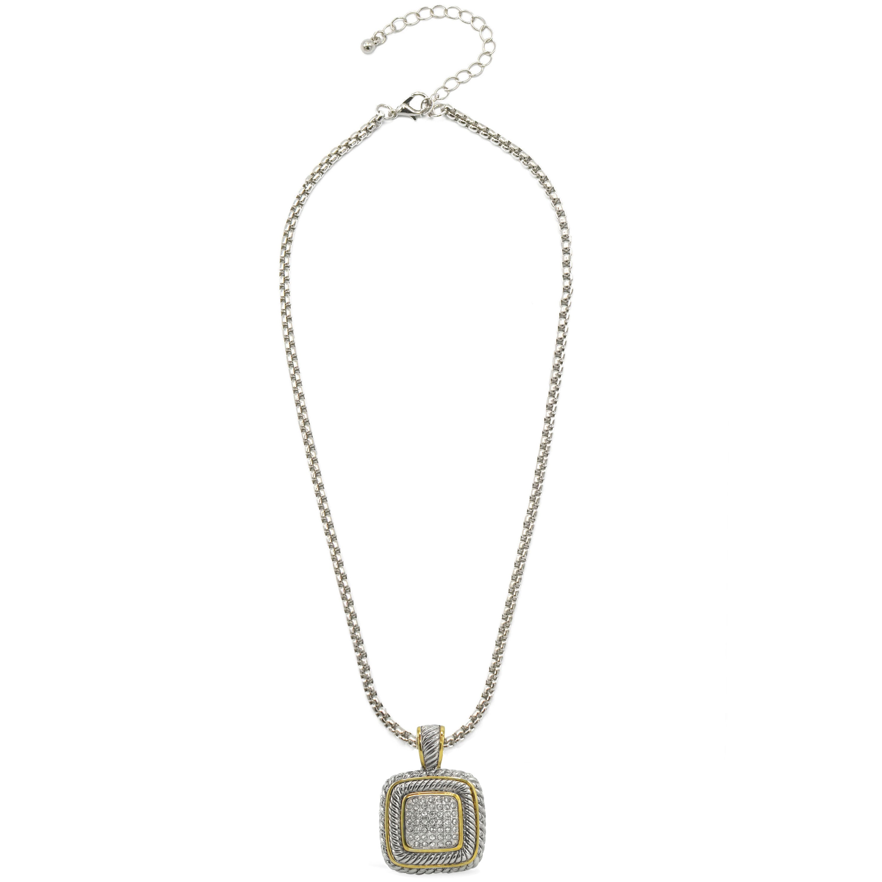 TWO TONE PAVE SQUARE CRYSTAL ENGRAVED PENDANT WITH BOX CHAIN NECKLACE #83015EH(FF9)