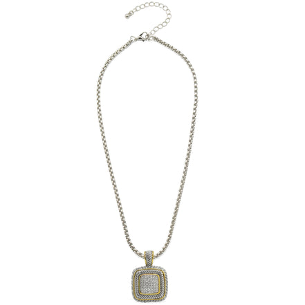 TWO TONE PAVE SQUARE CRYSTAL ENGRAVED PENDANT WITH BOX CHAIN NECKLACE #83015EH(FF9)