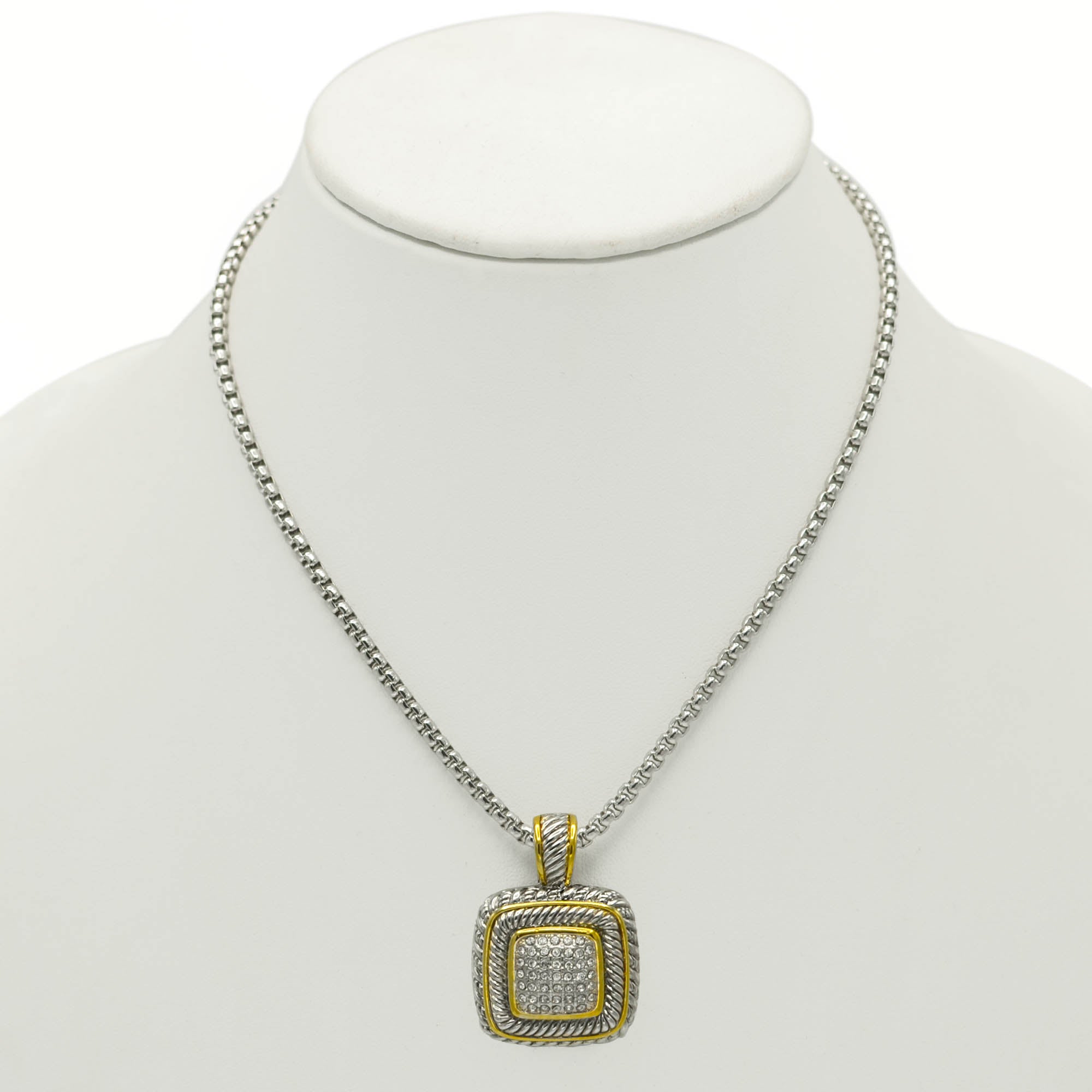 TWO TONE PAVE SQUARE CRYSTAL ENGRAVED PENDANT WITH BOX CHAIN NECKLACE #83015EH(FF9)