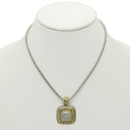 TWO TONE PAVE SQUARE CRYSTAL ENGRAVED PENDANT WITH BOX CHAIN NECKLACE #83015EH(FF9)