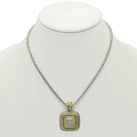 TWO TONE PAVE SQUARE CRYSTAL ENGRAVED PENDANT WITH BOX CHAIN NECKLACE #83015EH(FF9)
