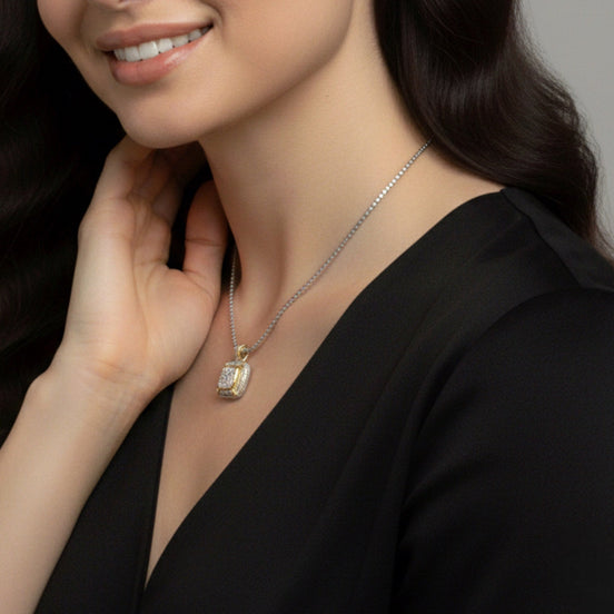TWO TONE PAVE SQUARE CRYSTAL ENGRAVED PENDANT WITH BOX CHAIN NECKLACE #83015EH(FF9)