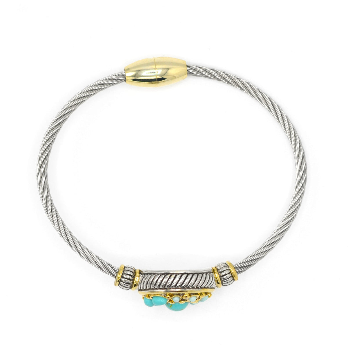 TWO TONE TURQUOISE MAGNETIC CLASP CLASSIC CABLE BRACELET#10939BR-TRQ (FH22)