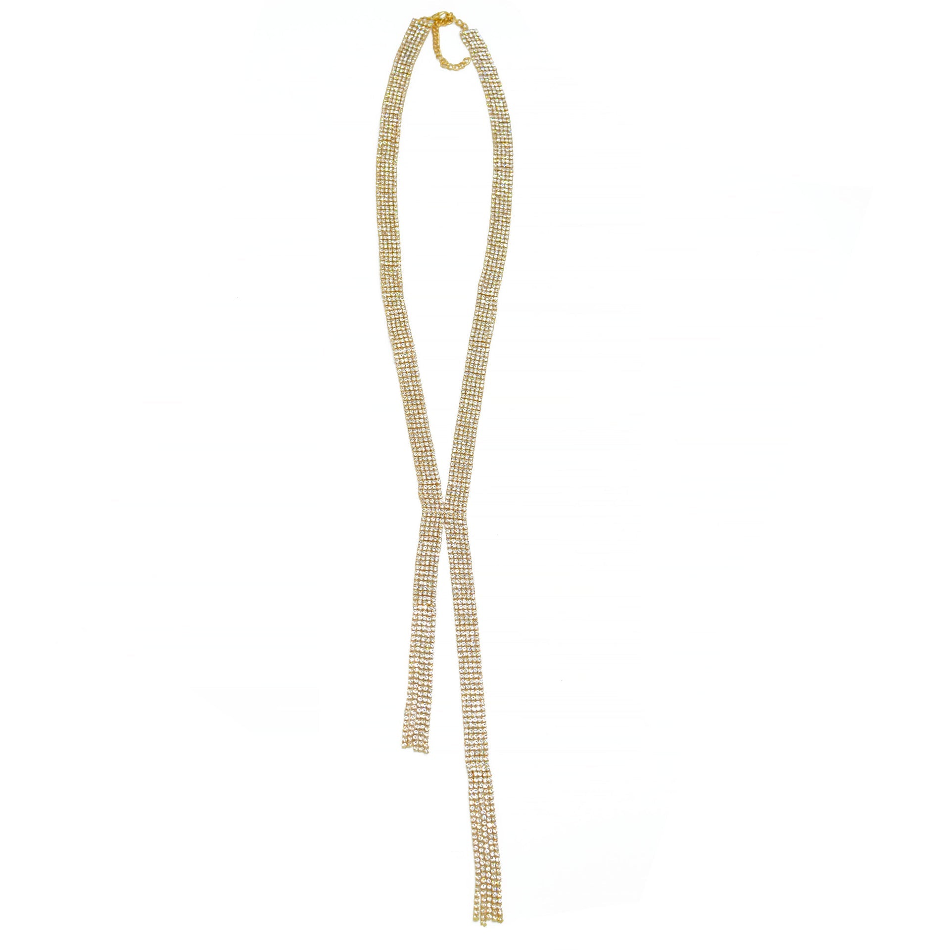 Gold Crystal Tassel Y-Necklace – 28 Inch Rhinestone Lariat Necklace with 3 Inch Extender #SWKK-1581GLD(FB26)