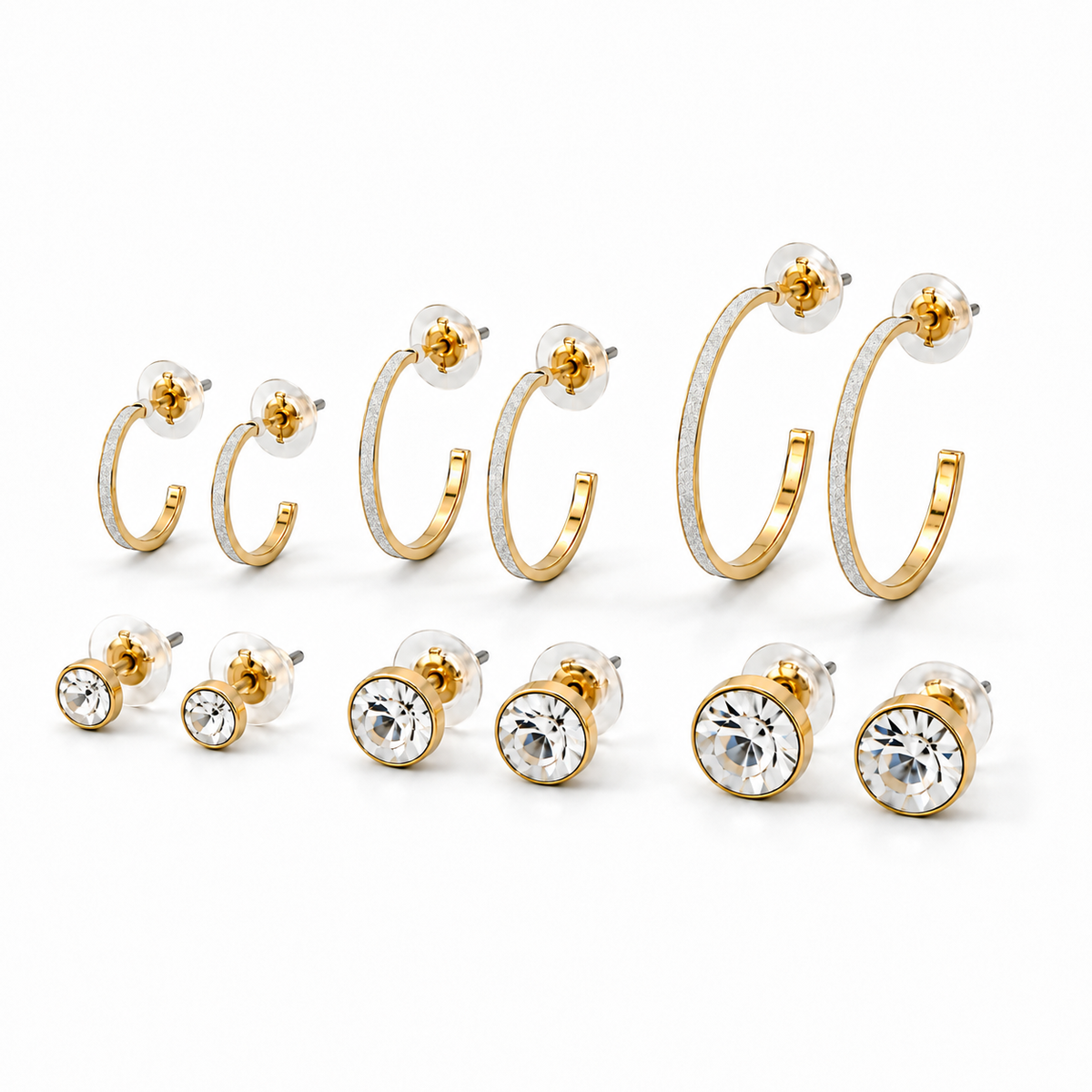 Women's Gold-Tone Stud & Glitter Hoop Earrings Set | 6-Pair Sparkling Rhinestone Solitaire Studs & Shimmer Hoop Multi-Pack | Fashion Costume Jewelry #SQ351-E17042505AX (RH11-13)