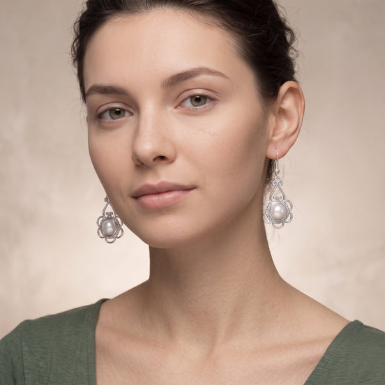 Women's Silver-Tone Vintage Filigree Faux Pearl Drop Earrings | Ornate Scalloped Chandelier Dangle Earrings | Fashion Costume Jewelry #ADX6800093 (SHB11)