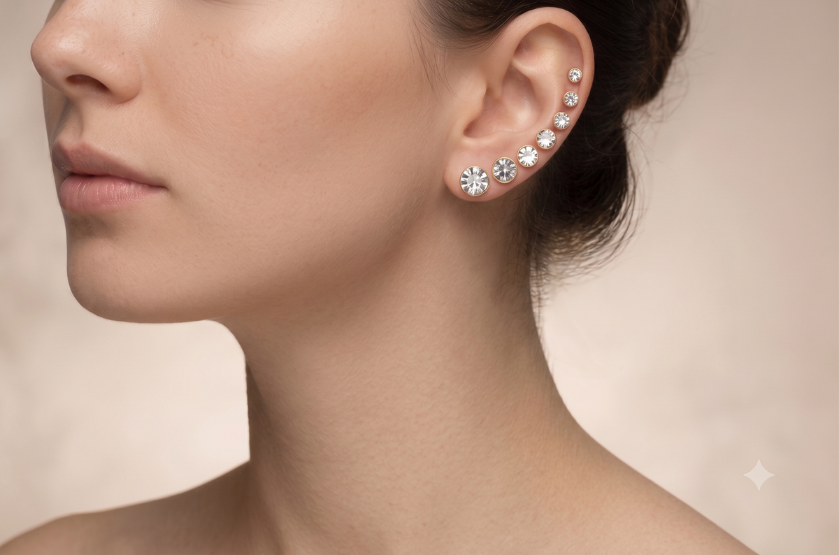 Women's Gold-Tone Stud & Glitter Hoop Earrings Set | 6-Pair Sparkling Rhinestone Solitaire Studs & Shimmer Hoop Multi-Pack | Fashion Costume Jewelry #SQ351-E17042505AX (RH11-13)