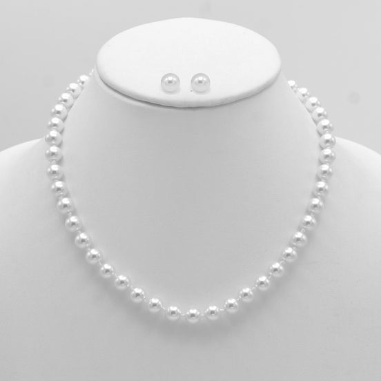 RHODIUM 8MM WHITE PEARL NECKLACE AND EARRING SET # SWY-18014RDCM(LH21/NA9-10)