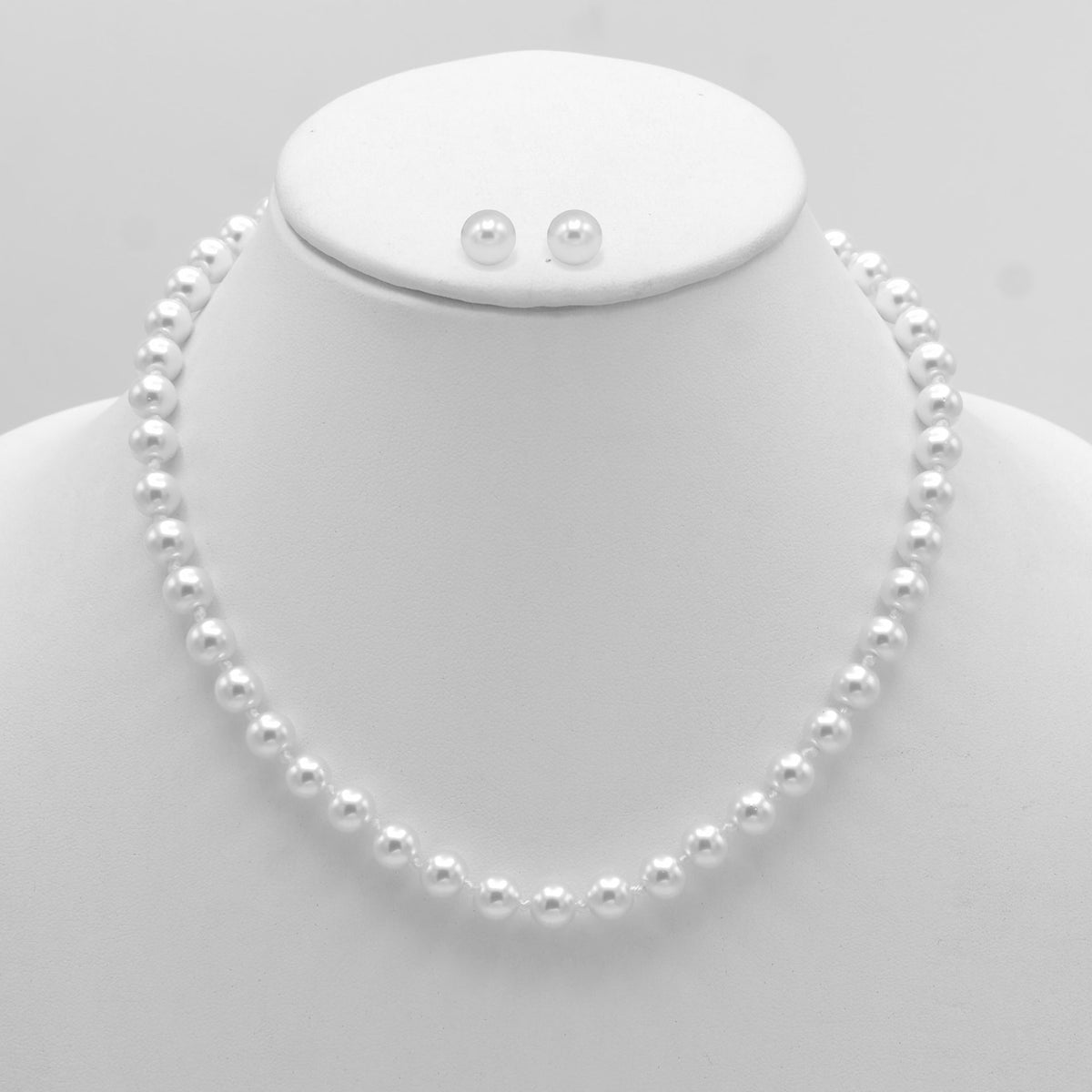 RHODIUM 8MM WHITE PEARL NECKLACE AND EARRING SET # SWY-18014RDWH(LH21/NA9-10)