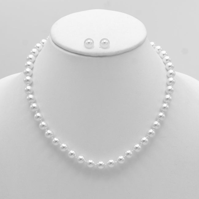 RHODIUM 8MM WHITE PEARL NECKLACE AND EARRING SET # SWY-18014RDWH(LH21/NA9-10)