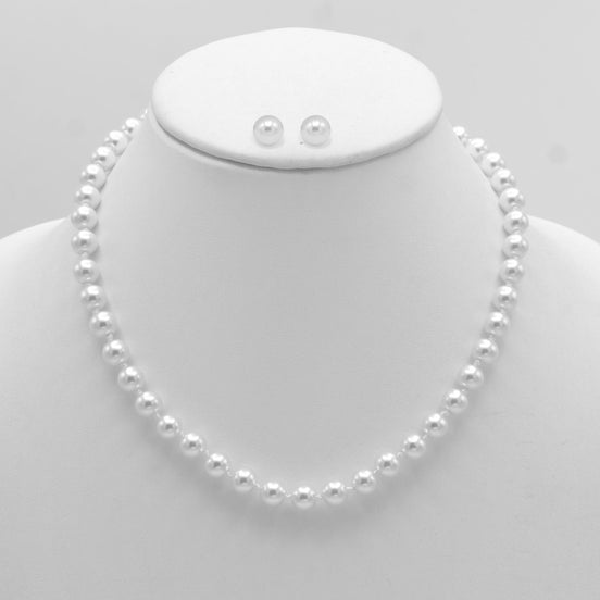 RHODIUM 8MM WHITE PEARL NECKLACE AND EARRING SET # SWY-18014RDWH(LH21/NA9-10)