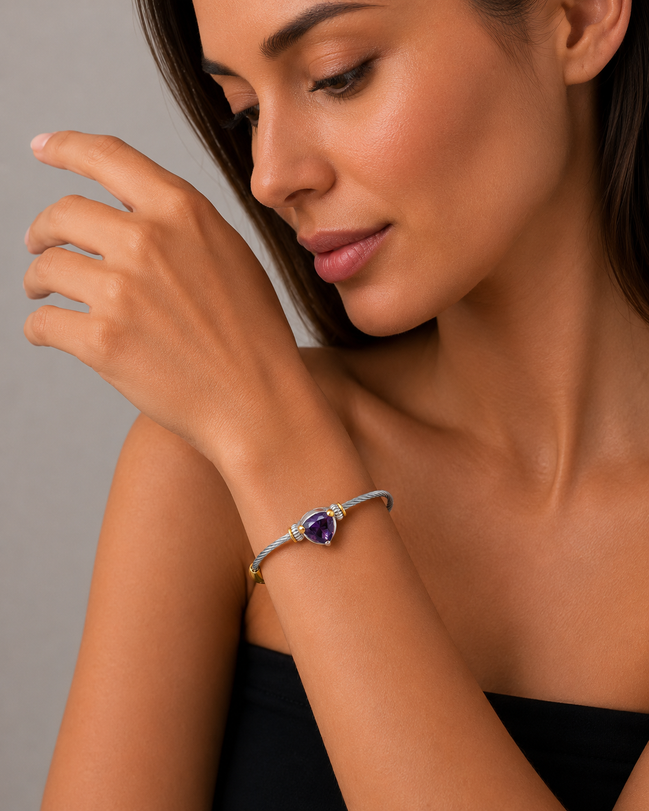 Amethyst Heart Crystal Cable Bracelet – 2.5" Diameter#4110BR-AM(FD14)