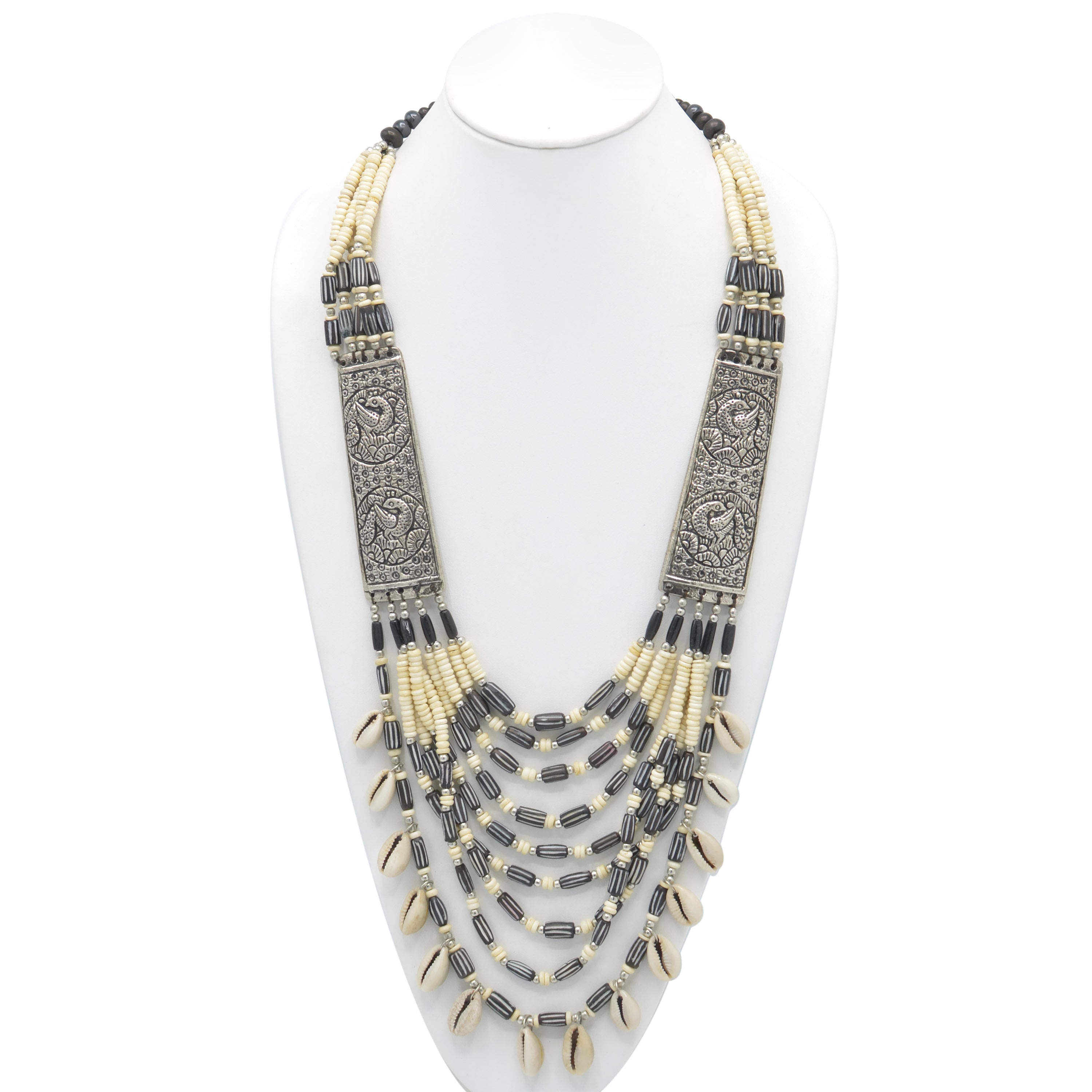 CREAM AND BROWN BEADS COWRIE SHELL SILVER STATEMENT NECKLACE #FWNK-1904-002(LC6)
