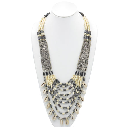 CREAM AND BROWN BEADS COWRIE SHELL SILVER STATEMENT NECKLACE #FWNK-1904-002(LC6)