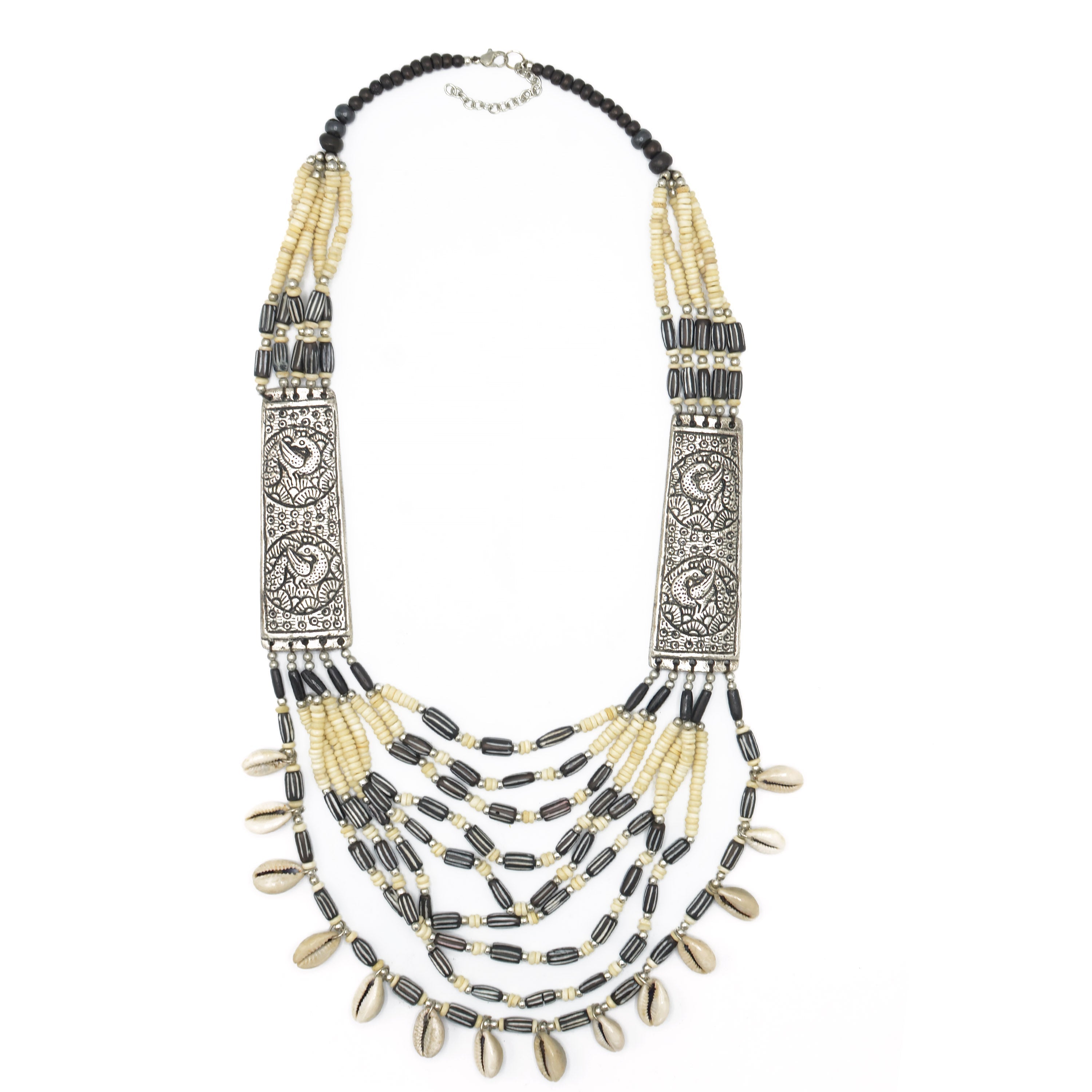 CREAM AND BROWN BEADS COWRIE SHELL SILVER STATEMENT NECKLACE #FWNK-1904-002(LC6)