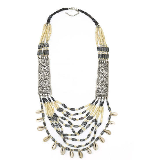 CREAM AND BROWN BEADS COWRIE SHELL SILVER STATEMENT NECKLACE #FWNK-1904-002(LC6)