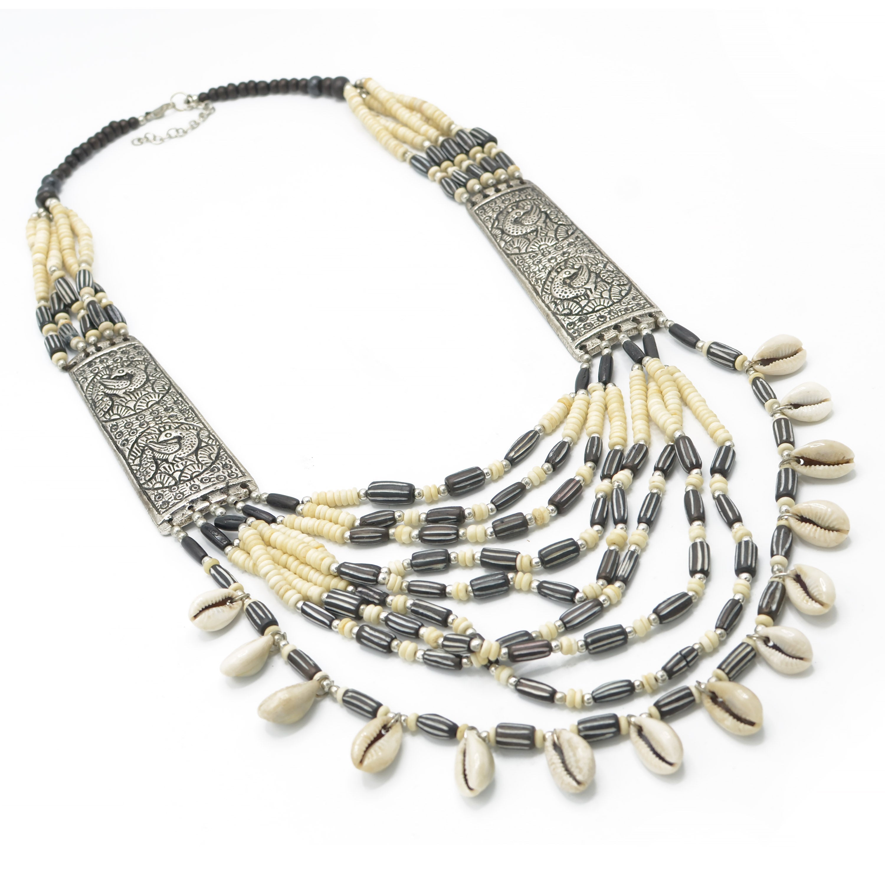 CREAM AND BROWN BEADS COWRIE SHELL SILVER STATEMENT NECKLACE #FWNK-1904-002(LC6)
