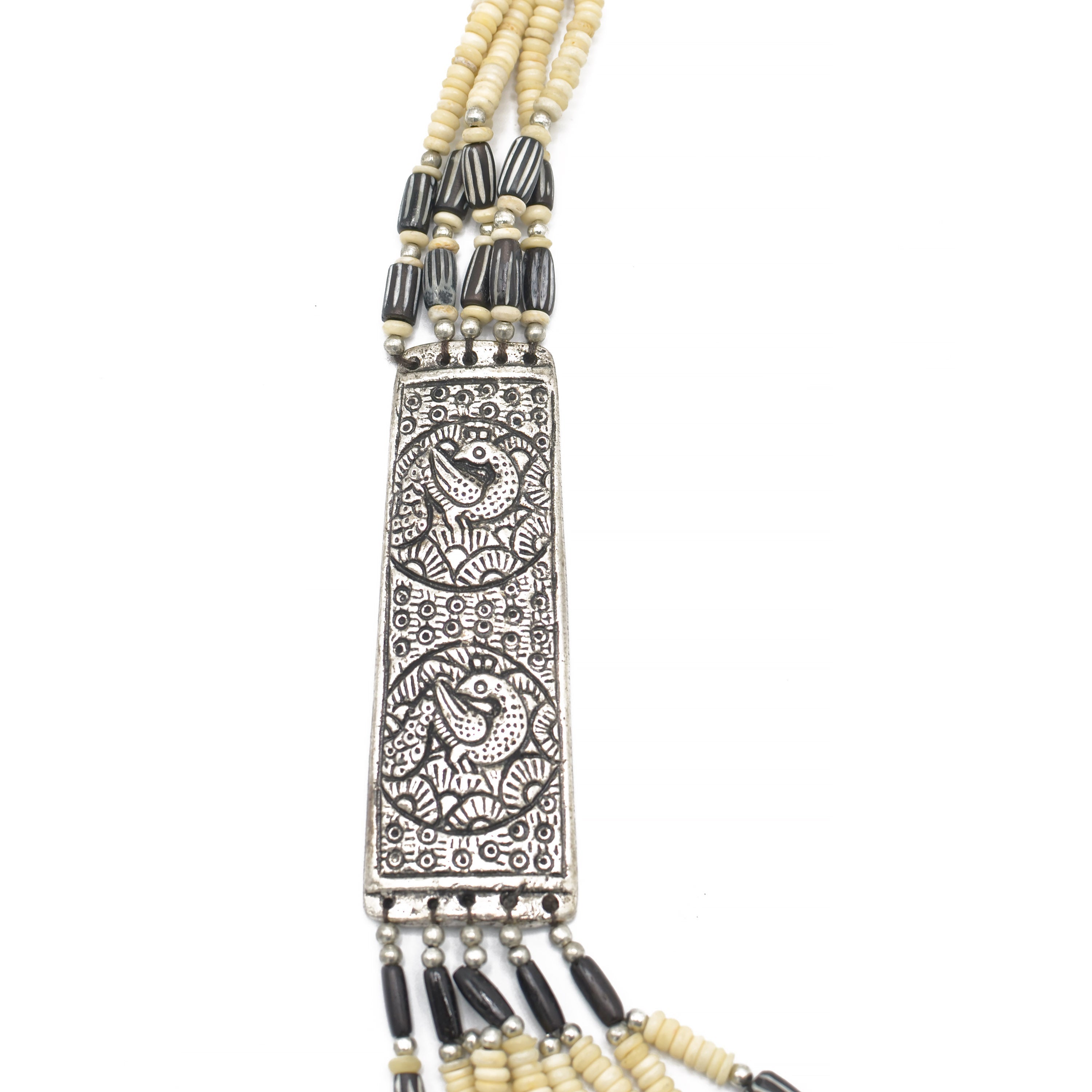 CREAM AND BROWN BEADS COWRIE SHELL SILVER STATEMENT NECKLACE #FWNK-1904-002(LC6)