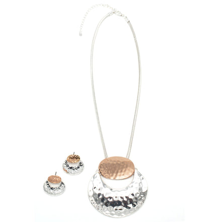 TWO-TONE HAMMERED METAL NECKLACE AND EARRINGS SET#SQMDD-0082X(LF20-LE20)