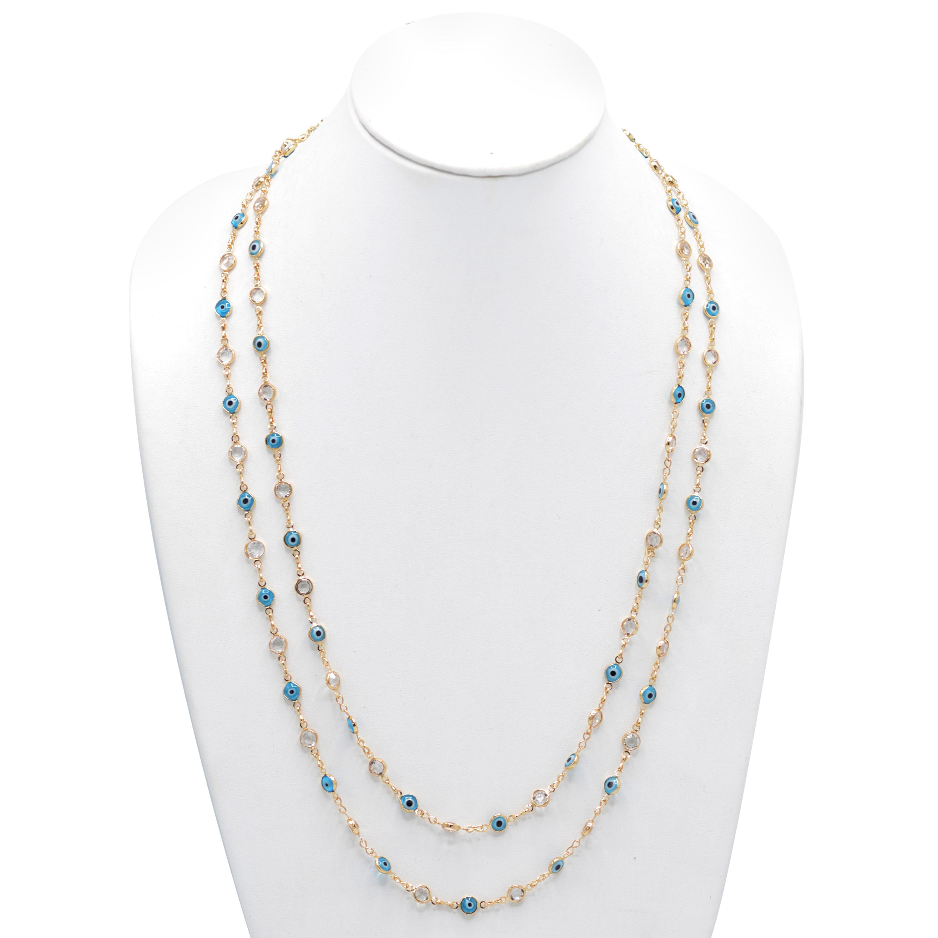 GOLD BLUE EVIL EYE AND CRYSTAL EXTRA LONG NECKLACE #SQJGN031905-1 (AF16-HC15)