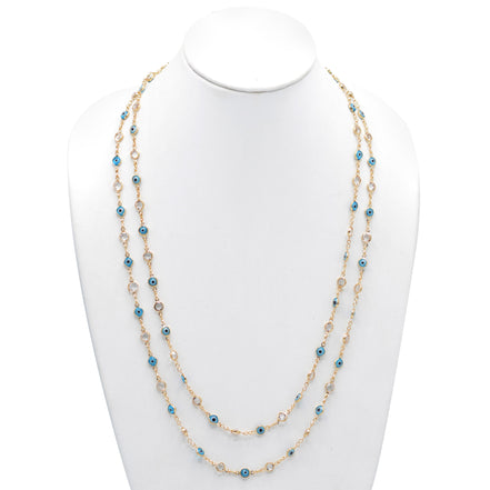 GOLD BLUE EVIL EYE AND CRYSTAL EXTRA LONG NECKLACE #SQJGN031905-1 (AF16-HC15)